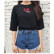 Fashion Summer Short Sleeve T-shirts New Fashion Letter Rose Floral Embroidery T Shirts Casual Women Tops Plus Size 72653 SM6