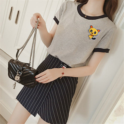Fashion Summer Sleeve T-shirts Plus Size Cute Female T shirts Cartoon Embroidery Top O-neck Women t shirt 72417 SM6