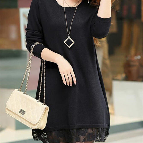 Fashion Sweater Dress Women Plus Size S-4xL Pullover Medium-long O-neck Lace Knitting Sweater 71687 SM6