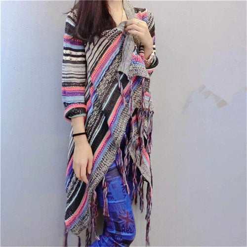 Female Fashion Cardigans Full Sleeve Sweater Plus Size knitted Open Stitch O-neck Print Tassel Outwear 72063 SM6