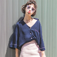 Female Fashion Korea Style Button Blouses V-Neck Casual Shirt Elegant Ladies Tops Loose Women Blouse With Pockets 72474 SM6