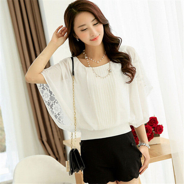 Hot  New 4XL Women 3/4 Blouse O-neck Batwing Sleeve Tee Shirt Casual Lace Blouses Fashion Plus Size Blusas 70632 SM6
