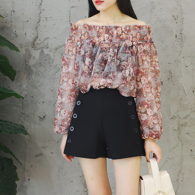 New Arrival Women Shirts Sexy Floral Chiffon Blouse Lantern Sleeve Shirt Slash-Neck Blouses Woman Tops Plus Size 72722 SM6
