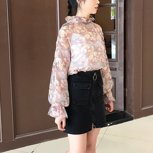 New Arrival Women Shirts Sweet Colorful Floral Chiffon Blouse Puff Sleeves Shirt Ruffles Blouses Woman Tops Plus Size 72727 SM6