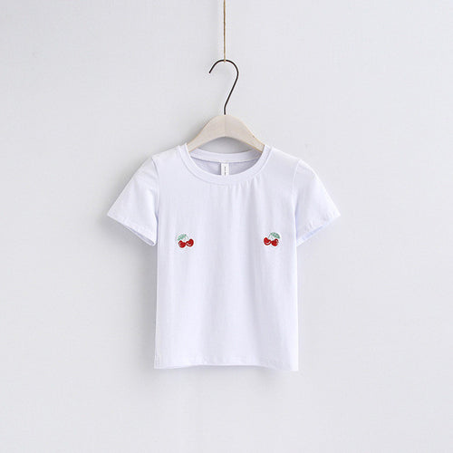 New Fashion European Style Short Sleeve T-shirts Fruit Embroidery Female t shirts White tshirt O-neck Women Tops Plus Size SM6