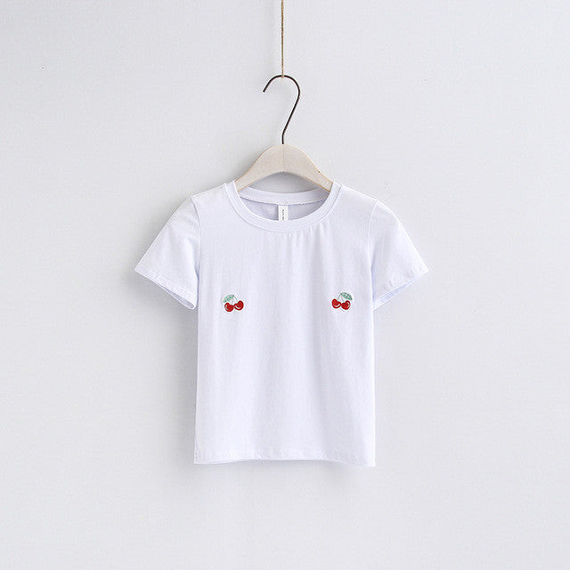 New Fashion European Style Short Sleeve T-shirts Fruit Embroidery Female t shirts White tshirt O-neck Women Tops Plus Size SM6