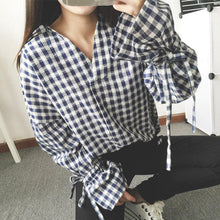 New Fashion Irregular Shirt Woman Tops Casual Long Sleeves Striped Shirt V-neck Ladies Blouses Plaid Clothing 33043 SM6