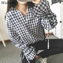 New Fashion Irregular Shirt Woman Tops Casual Long Sleeves Striped Shirt V-neck Ladies Blouses Plaid Clothing 33043 SM6