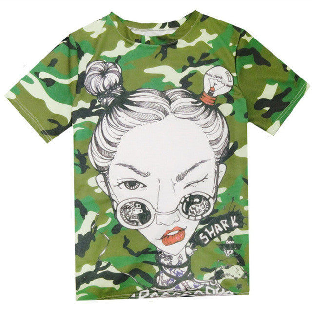 New Fashion Plus Size Short Sleeve T-shirts Female t shirts Cool Sunglasses Girl Print Green tshirt O-neck Women Tops SM6