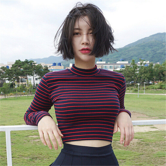 New Fashion Red Black Striped Full Sleeve T-shirts Slim Female O-Neck t shirts Sexy Women Crop Tops 72569 SM6