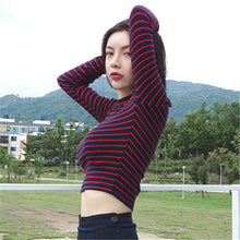 New Fashion Red Black Striped Full Sleeve T-shirts Slim Female O-Neck t shirts Sexy Women Crop Tops 72569 SM6