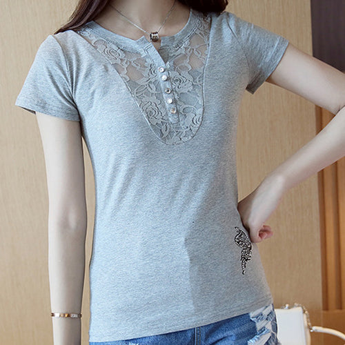 New Fashion Short Sleeve T-shirts Female Lace Hollow out T shirts Cotton Tops For Women Plus Size V-Neck Tshirt 72476 SM6