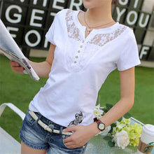 New Fashion Short Sleeve T-shirts Female Lace Hollow out T shirts Cotton Tops For Women Plus Size V-Neck Tshirt 72476 SM6