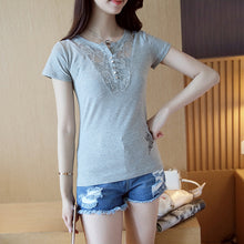 New Fashion Short Sleeve T-shirts Female Lace Hollow out T shirts Cotton Tops For Women Plus Size V-Neck Tshirt 72476 SM6