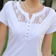 New Fashion Short Sleeve T-shirts Female Lace Hollow out T shirts Cotton Tops For Women Plus Size V-Neck Tshirt 72476 SM6