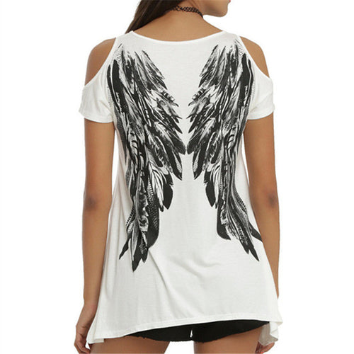 New Fashion Summer O- neck Casual Shirts Women Feather Printed T-shirts Off Shoulder Short-sleeved T-shirt Femal Tops SM6