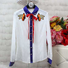 New Fashion Summer Women Embroidery Bee Blouse Long Sleeve Women Turn-down Collar Button Bow Blouse Shirt Women Top 72433 SM6
