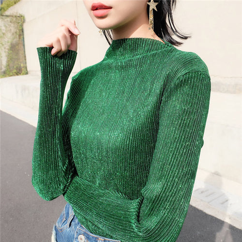 New Fashion Women Camisetas clothing Turtle-neck Vintage T shirts Women Top Full Sleeve Female Pleated tops 72231 SM6