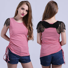 New Fashion Women Lace O-neck Female Top Striped T shirts Short Sleeve S-XL Female Plus Size Russian Tee 72285 SM6