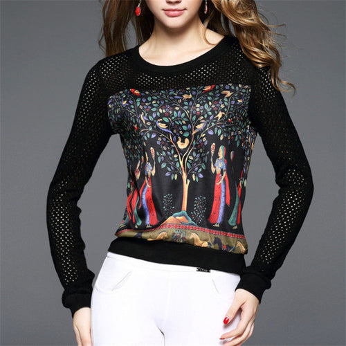 New Fashion Women O-neck Full Sleeve Women t-shirt Comic Character Print T shirts With Diamond Sequins Hollow Out 72070 SM6
