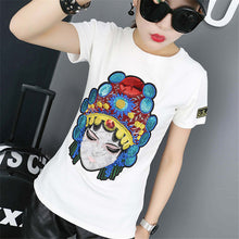 New Fashion Women O-neck Short Sleeve Women t-shirt Peking Opera Character Print T shirts With Embroidery Sequins 72442 SM6