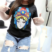 New Fashion Women O-neck Short Sleeve Women t-shirt Peking Opera Character Print T shirts With Embroidery Sequins 72442 SM6