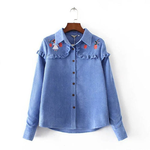 New Shirt Fashion Casual Female Long Sleeve Turn-down Collar Blusas Women Corduroy Pineapple Blouse With Button 72270 SM6