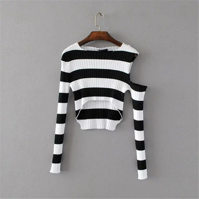 New Spring Pullover Women Fashion Hollow Out Striped Slim Sweater Full Sleeve O-neck Short Knitting Woman Sexy Sweaters SM6