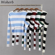 New Spring Pullover Women Fashion Hollow Out Striped Slim Sweater Full Sleeve O-neck Short Knitting Woman Sexy Sweaters SM6