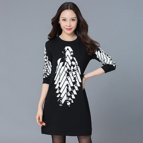 New Summer Women Straight O-Neck Full Sleeve Dress Fashion Print Plus Size Dresses Korea Style Vestidos 72261 SM6