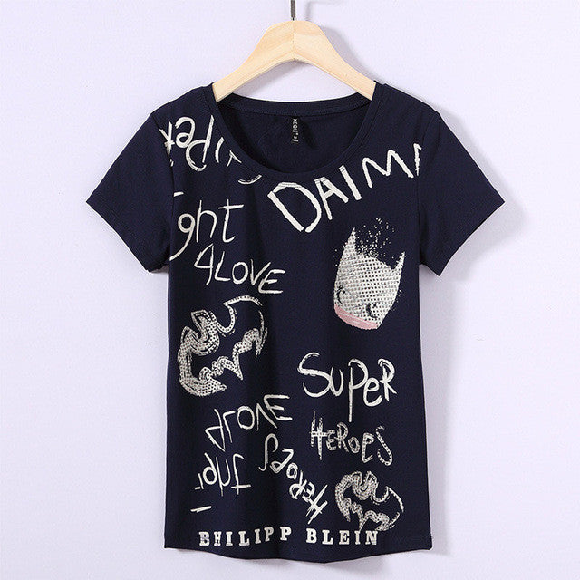 New Summer Women T Shirt Casual O Neck Short Sleeve Diamond Bling tshirt Female Letter Print Tops Tees 72367 SM6