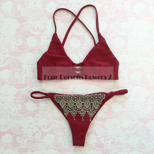 Bikini Crochet Swimwear Sexy tassels Lace Up Crochet Bikini Swimwear Knitted Bikini Swimsuit Bathing Suit CF