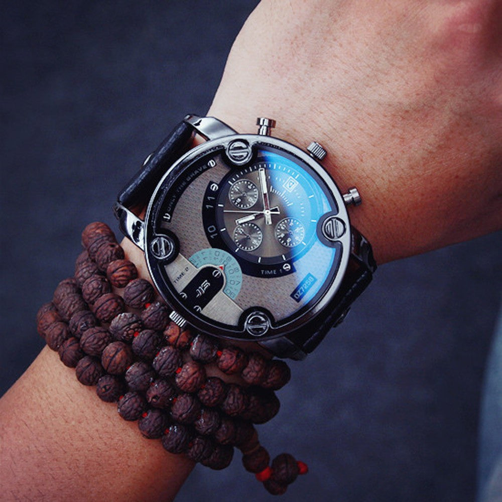 Blue Glass Big Dial Black Leather Quartz Men Watches &Casual Watch Sports Out Door Military Wristwatch relojio CF