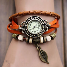 Bracelet Watch Women Dress Clock Vintage Design Weave Wrap PU Leather Leaf Beads Wrist Quartz Relogio Feminino CF
