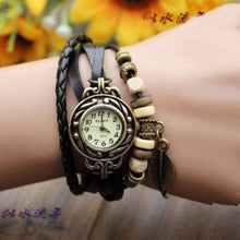 Bracelet Watch Women Dress Clock Vintage Design Weave Wrap PU Leather Leaf Beads Wrist Quartz Relogio Feminino CF