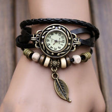 Bracelet Watch Women Dress Clock Vintage Design Weave Wrap PU Leather Leaf Beads Wrist Quartz Relogio Feminino CF
