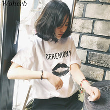 CEREMONY Letter Black Lip Print t-shirt  New Women Harajuku T shirts Women Short Sleeve Female O-neck Tops Plus Size 72671 SM6