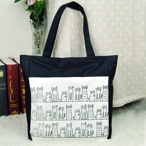 Cat Bag Bolsos femenina Handbag Design Women's Bag Canvas Cartoon Print Girls Shopping Shoulder Beach Bags CF