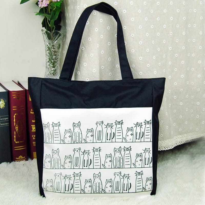 Cat Bag Bolsos femenina Handbag Design Women's Bag Canvas Cartoon Print Girls Shopping Shoulder Beach Bags CF