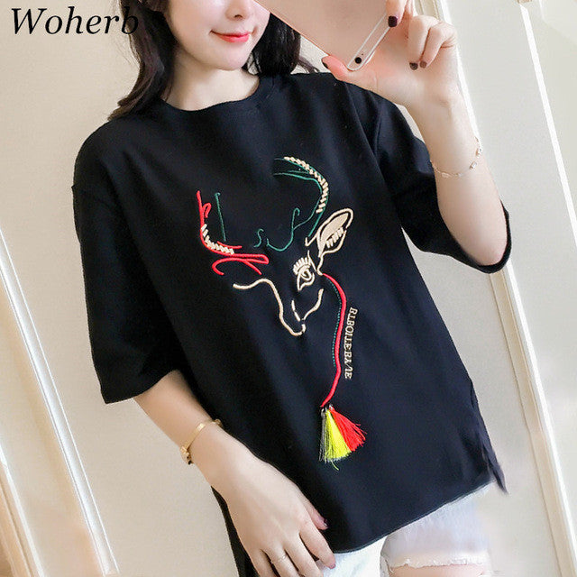 Embroidery T-shirts New  Women Summer T Shirt Fashion Tops Plus Size Female Short Sleeve t shirts 72610 SM6