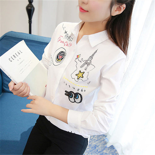 Embroidery White Shirt New Fashion  Korean Style Women Blouses Woman Loose Tops Full Sleeve Blusas Plus Size 72598 SM6