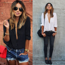 Europe Style Women Blouse Boyfriend Shirt Chiffon Blouses Large Size Casual Black Shirts Women Sexy V Neck Blouses Blusa CF