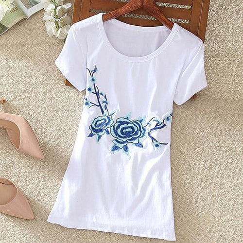 Fashion  New Summer Short Sleeve T-shirts Chinese Style Flowers Embroidery T Shirts Plus Size Female Casual Women Tops 72608 SM6