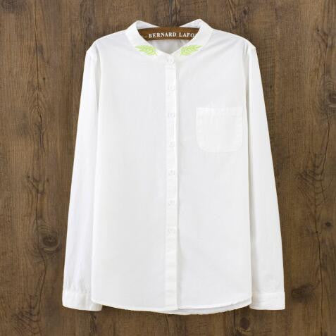 Fashion  New Women Leaves Embroidery Stand Collar Shirt White Long Sleeves Blouse Ladies Office Tops Shirt 33048 SM6