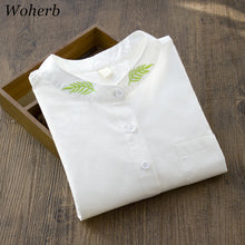 Fashion  New Women Leaves Embroidery Stand Collar Shirt White Long Sleeves Blouse Ladies Office Tops Shirt 33048 SM6