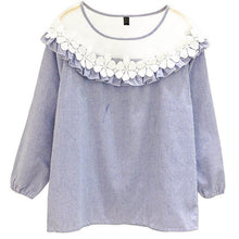 Fashion Applique Tops Shirt  Woman O-neck Gauze Lace Patckwork Blouses Long Lantern Sleeves Shirts 33045 SM6
