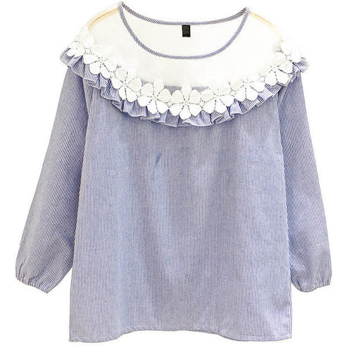 Fashion Applique Tops Shirt  Woman O-neck Gauze Lace Patckwork Blouses Long Lantern Sleeves Shirts 33045 SM6