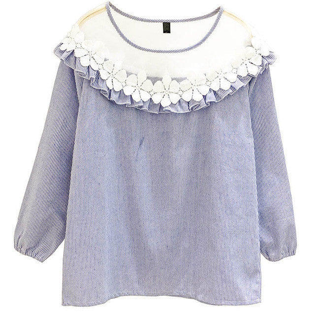 Fashion Applique Tops Shirt  Woman O-neck Gauze Lace Patckwork Blouses Long Lantern Sleeves Shirts 33045 SM6