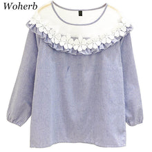 Fashion Applique Tops Shirt  Woman O-neck Gauze Lace Patckwork Blouses Long Lantern Sleeves Shirts 33045 SM6