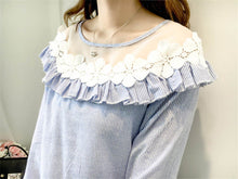 Fashion Applique Tops Shirt  Woman O-neck Gauze Lace Patckwork Blouses Long Lantern Sleeves Shirts 33045 SM6